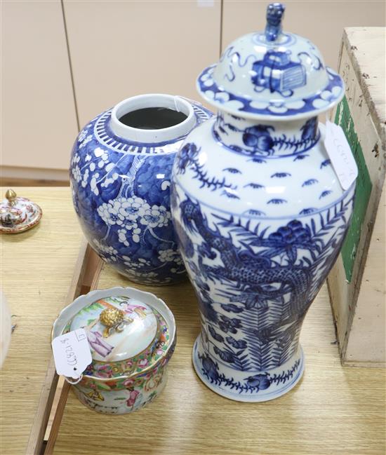A Chinese blue and white vase, height 39cm, a ginger jar, etc.